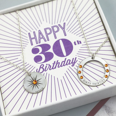 Dirty Thirties - Sterling Silver - Custom Name Necklace - 30th Birthday Her - Dirty 30 - 30th Birthday Card - Birthstone Necklace -