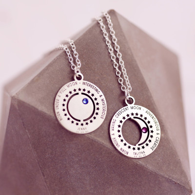 Moon Phases Necklace - Birthstone Necklace - Nameplate Necklace - Half Moon Necklace - Crescent Necklace - Moon Phases Jewelry