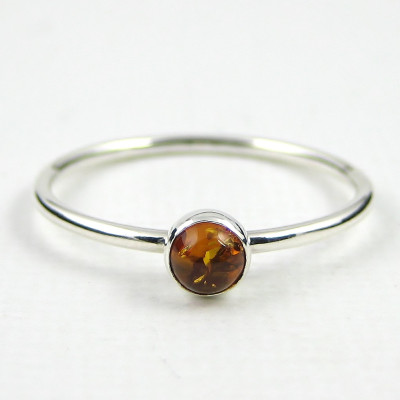 Amber Sterling Silver Ring - 4mm Amber - Bezel Set Cabochon Stacking Ring - Gemstone Ring - Simple Ring - Sterling Silver Jewellery