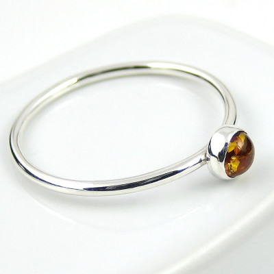 Amber Sterling Silver Ring - 4mm Amber - Bezel Set Cabochon Stacking Ring - Gemstone Ring - Simple Ring - Sterling Silver Jewellery