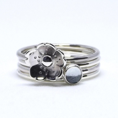 Aquamarine Stacking Ring - Set Of Four Sterling Silver Rings - Bezel Set Cabochon Gemstone Ring - Sterling Silver Jewellery 925