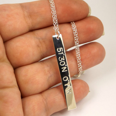 Coordinate necklace - longitude latitude necklace - sterling silver bar necklace - coordinate jewellery - hand stamped necklace