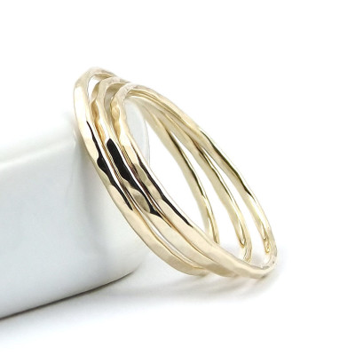 Gold Ring Set - Three Gold Stacking Rings - Thin 9K or 18K Solid Gold Dainty Ring - Hammered Ring - Knuckle Ring