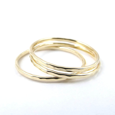 Gold Ring Set - Three Gold Stacking Rings - Thin 9K or 18K Solid Gold Dainty Ring - Hammered Ring - Knuckle Ring