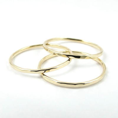 Gold Ring Set - Three Gold Stacking Rings - Thin 9K or 18K Solid Gold Dainty Ring - Hammered Ring - Knuckle Ring