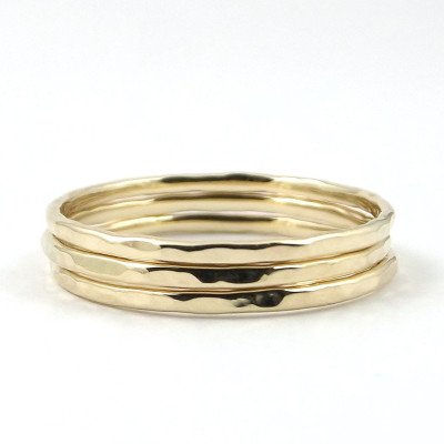 Gold Ring Set - Three Gold Stacking Rings - Thin 9K or 18K Solid Gold Dainty Ring - Hammered Ring - Knuckle Ring