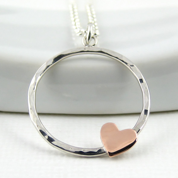 Hammered Circle Necklace - Heart Necklace - Sweetheart Necklace - Sterling Silver 925 - Eternity Necklace - Valentines Gift - Circle of Love