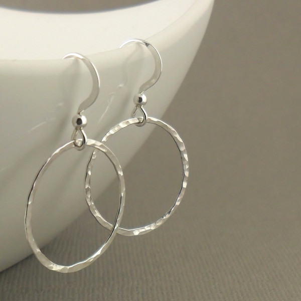 Hammered Hoop Sterling Silver Earrings - Modern Simple Drop Earrings - Handmade Sterling Silver Jewellery