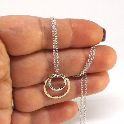 Mother and Daughter Necklace - Solid Gold and Silver Necklace - Dainty Necklace - Hammered Circle Necklace - Open Circle Pendant