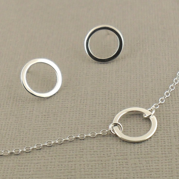 Small Hoop Sterling Silver Necklace And Stud Earring Set 925 - Eternity Necklace - Minimalist Earring Silver Jewellery