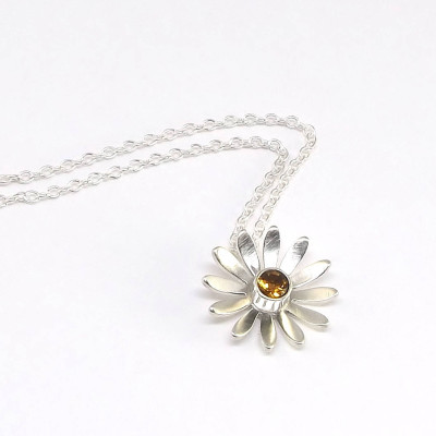 Sterling Silver Necklace - Daisy Necklace - Flower Pendant - November Birthstone - Citrine Necklace - Summer Jewellery - Handmade Necklace