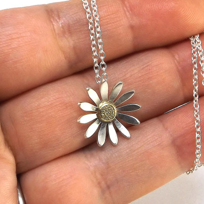 Sterling Silver Necklace - Daisy Necklace - Flower Pendant - Silver and 18k Gold Necklace - Solid Sterling Silver - Handmade Necklace