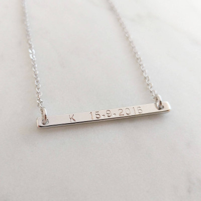 Custom Dainty Gold Silver Date Name Bar Necklace - Hand stamped Letter Necklace - Bridesmaid Gift - Family Gift