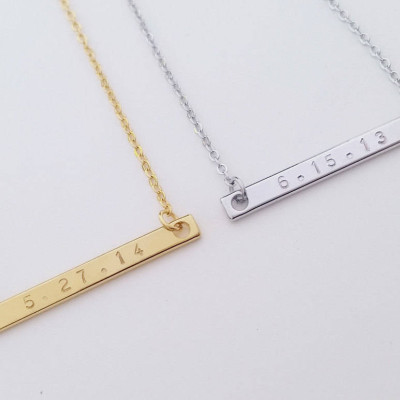Custom Dainty Gold Silver Date Name Bar Necklace - Hand stamped Letter Necklace - Bridesmaid Gift - Family Gift
