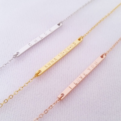 Custom Dainty Name Date Necklace - Gold - Rose Gold - Silver Thin Skinny Nameplate Bar Personalized Name - Hand Stamped Letter - Bridesmaid Gift