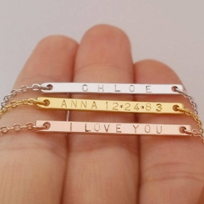 Custom Dainty Name Date Necklace - Gold - Rose Gold - Silver Thin Skinny Nameplate Bar Personalized Name - Hand Stamped Letter - Bridesmaid Gift