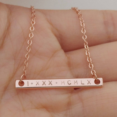 Custom Dainty Rose Gold Roman Number Numeral Necklace - Personalized Date Bar Letter Nameplate Necklace Thin - Birthday Gift - Bridesmaid Gift
