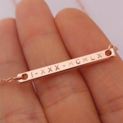Custom Dainty Rose Gold Roman Number Numeral Necklace - Personalized Date Bar Letter Nameplate Necklace Thin - Birthday Gift - Bridesmaid Gift
