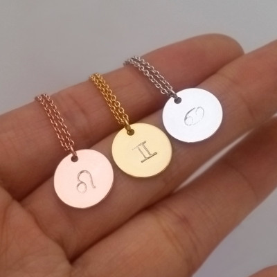 Custom Delicate Zodiac Sign Disc Necklace - Gold Rose Gold SIlver Horoscope Sign Necklace - Hand Stamped Zodiac Sign - Personalized Necklace
