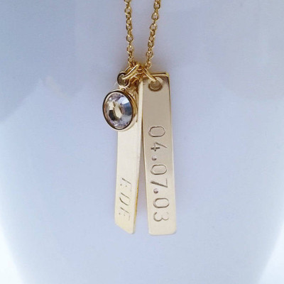 Custom Double Hand Stamped Swarovski Crystal Birthstone Birth Stone Name Date Vertical Tag Necklace Personalized Two Gold Silver Bar Gift