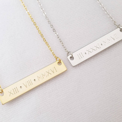 Custom Gold Silver Roman Number Numeral Necklace - Personalized Date Bar Hand Stamped Nameplate Letter Necklace - Birthday Bridesmaid gift