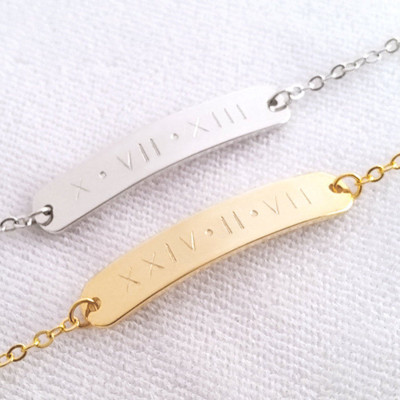 Custom Gold Silver Roman Numeral Date Bar Bracelet - Coordinates Bracelet - Location GPS Latitude Longitude Bracelet - Anniversary gift