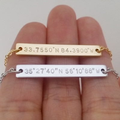 Custom Hand Stamped Gold Silver Coordinates Bar Necklace - Personalized Location GPS Latitude Longitude Letter - Wedding Gift - Anniversary Gift