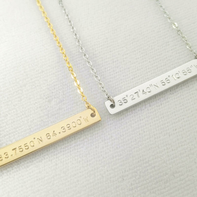 Custom Hand Stamped Gold Silver Coordinates Bar Necklace - Personalized Location GPS Latitude Longitude Letter - Wedding Gift - Anniversary Gift