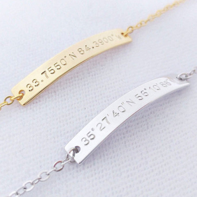 Custom Hand Stamped Gold Silver Coordinates Bracelet - Location GPS Latitude Longitude Personalized Bar bangle Wedding Gift - Anniversary Gift