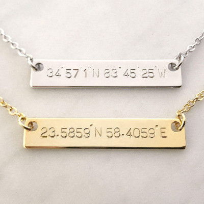 Custom Hand Stamped Gold Silver Coordinates Nameplate Necklace - Personalized Location GPS Latitude Longitude Letter Bar Wedding Gift