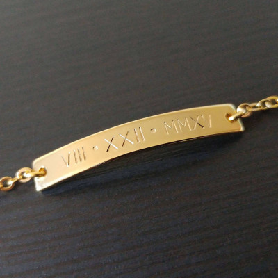 Custom Hand Stamped Gold Silver Roman Numeral Date Bar Bracelet - Personalized Roman Date Bracelet - Stamped Letter Bracelet - Bridesmaid Gift