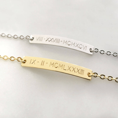 Custom Hand Stamped Gold Silver Roman Numeral Date Bar Bracelet - Personalized Roman Date Bracelet - Stamped Letter Bracelet - Bridesmaid Gift