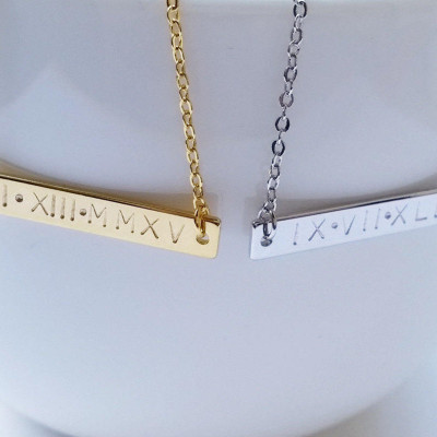 Custom Hand Stamped Gold Silver Roman Numeral Number Bar Necklace - Personalized Date Bar Nameplate Necklace - Birthday Gift - Bridesmaid gift