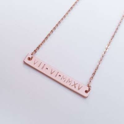 Custom Hand Stamped Rose Gold Roman Number Numeral Necklace - Personalized Date Nameplate Bar Letter Necklace - Birthday Bridesmaid gift