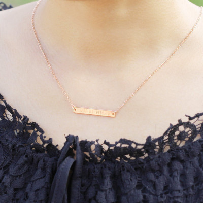 Custom Hand Stamped Rose Gold Roman Number Numeral Necklace - Personalized Date Nameplate Bar Letter Necklace - Birthday Bridesmaid gift