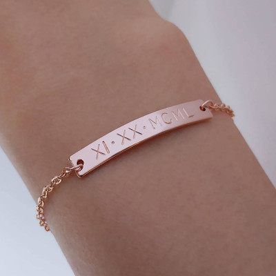 Custom Hand Stamped Rose Gold Roman Numeral Number Nameplate Bracelet - Personalized Bracelet - Birthday Gift - Anniversary gift
