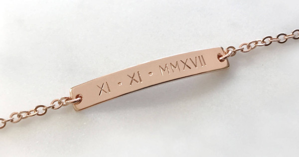 Silver or Rose Gold Name Plate Bracelet Engraved with Special Date Roman Numeral Bracelet \u2013 Gold