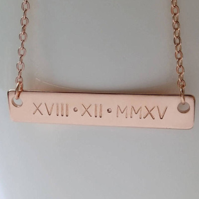 Custom Hand Stamped Rose Gold Roman Numeral Number Nameplate Necklace - Personalized Date Bar Necklace - Birthday Gift - Bridesmaid Gift