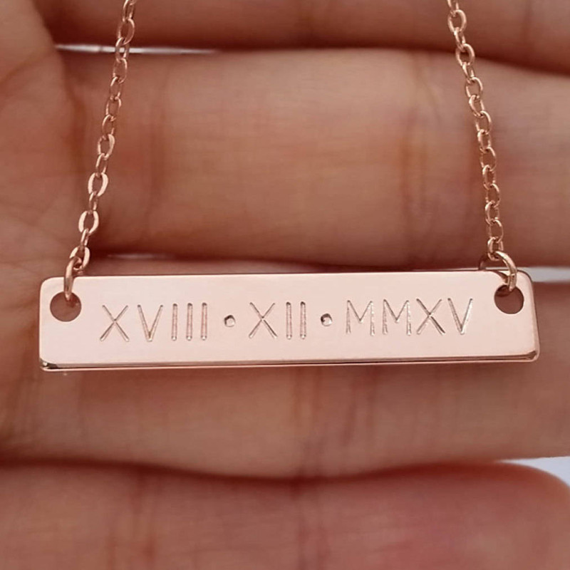 oNecklace ® Rose Gold Plated Roman Numeral Bar Necklace Date Nameplate 