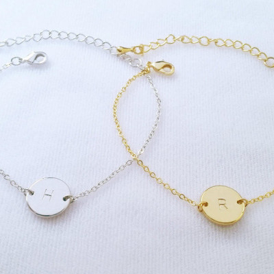 Custom Initial Bracelet - Gold - Silver Hand Stamped Personalized Disc Chain Link Bracelet - Monogram Charm - Letter Bracelet - Bridesmaid gift