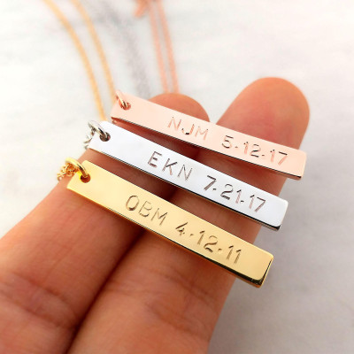 Custom Name Date Necklace - Gold Silver Rose Gold Vertical Multi Nameplate Bar Personalized Necklace - Birthday Gift - Wedding Bridesmaid Gift