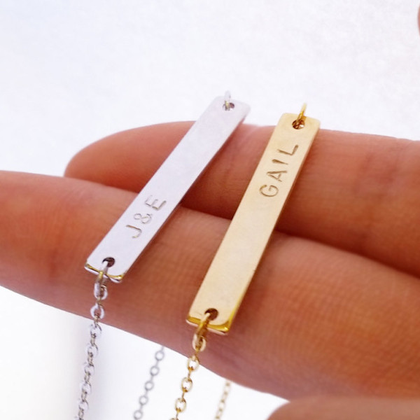 Custom Nameplate Bar Necklace - Personalized Gold Silver Name Letter Character - Initial Hand Stamped Jewelry - Bridesmaid Gift - Both Sides
