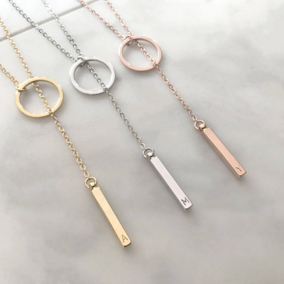 Custom Personalized Dainty Hand Stamped Initial Letter Short Lariat Necklace - Gold Silver Rose Gold Drop Vertical Bar Ring Charm Y Necklace