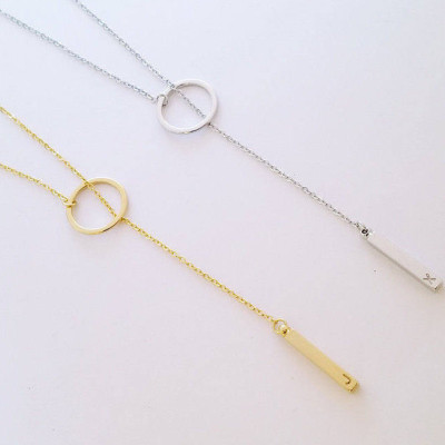 Custom Personalized Dainty Hand Stamped Initial Letter Short Lariat Necklace - Gold Silver Rose Gold Drop Vertical Bar Ring Charm Y Necklace