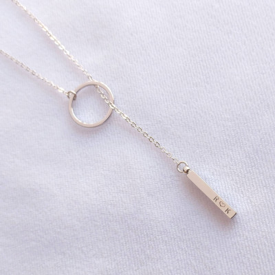 Custom Personalized Dainty Hand Stamped Initial Letter Short Lariat Necklace - Gold Silver Rose Gold Drop Vertical Bar Ring Charm Y Necklace