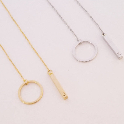 Custom Personalized Dainty Hand Stamped Initial Letter Short Lariat Necklace - Gold Silver Rose Gold Drop Vertical Bar Ring Charm Y Necklace