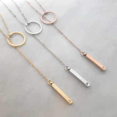 Custom Personalized Dainty Hand Stamped Initial Letter Short Lariat Necklace - Gold Silver Rose Gold Drop Vertical Bar Ring Charm Y Necklace
