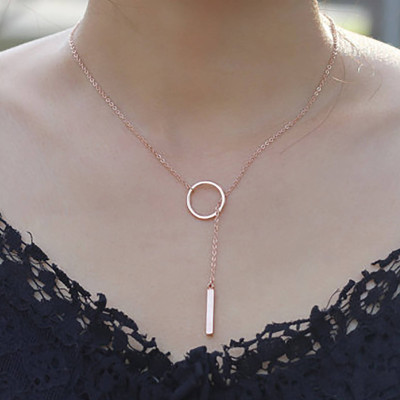 Custom Personalized Dainty Hand Stamped Initial Letter Short Lariat Necklace - Gold Silver Rose Gold Drop Vertical Bar Ring Charm Y Necklace