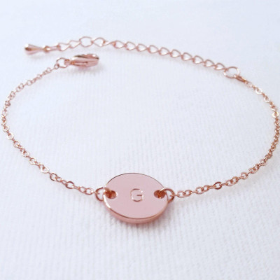 Custom Rose Gold Initial Disc Bracelet - Letter Coin Bracelet - Personalized Hand Stamped Monogram Bracelet - Handmade jewelry - Bridesmaid gift