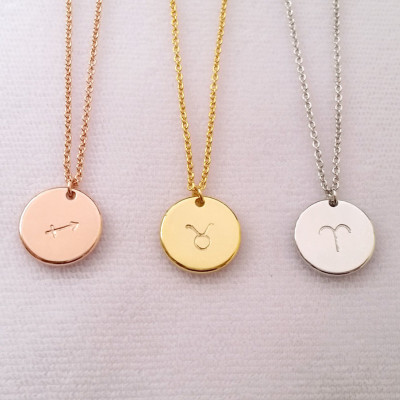 Custom Zodiac Sign Disc Necklace - Gold Rose Gold SIlver Horoscope Sign - Zodiac Sign - Personalized Necklace - Birthday Gift